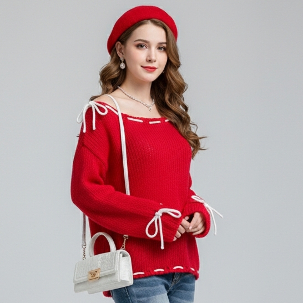 Red Women's Asymetric Sweater with Bow Details
